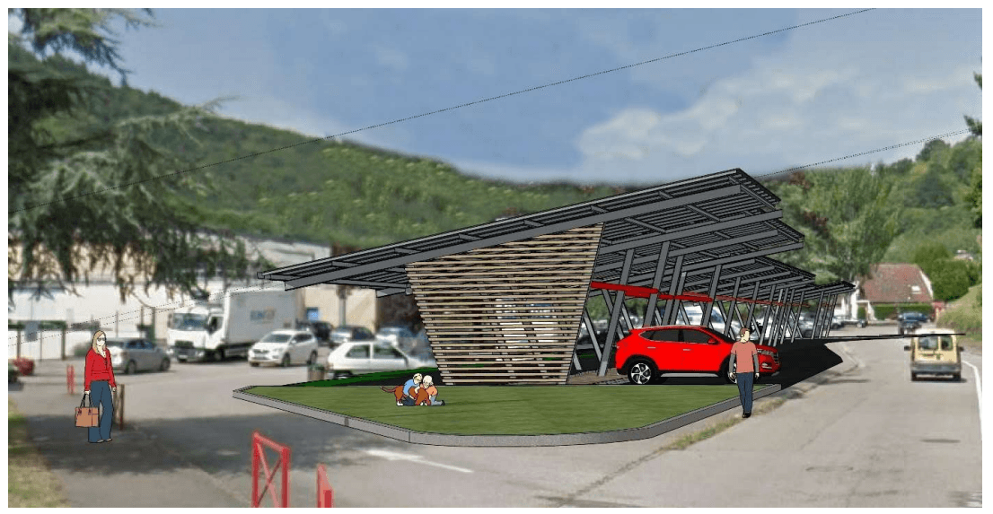 Image modélisée d'une ombrière au-dessus d'un parking