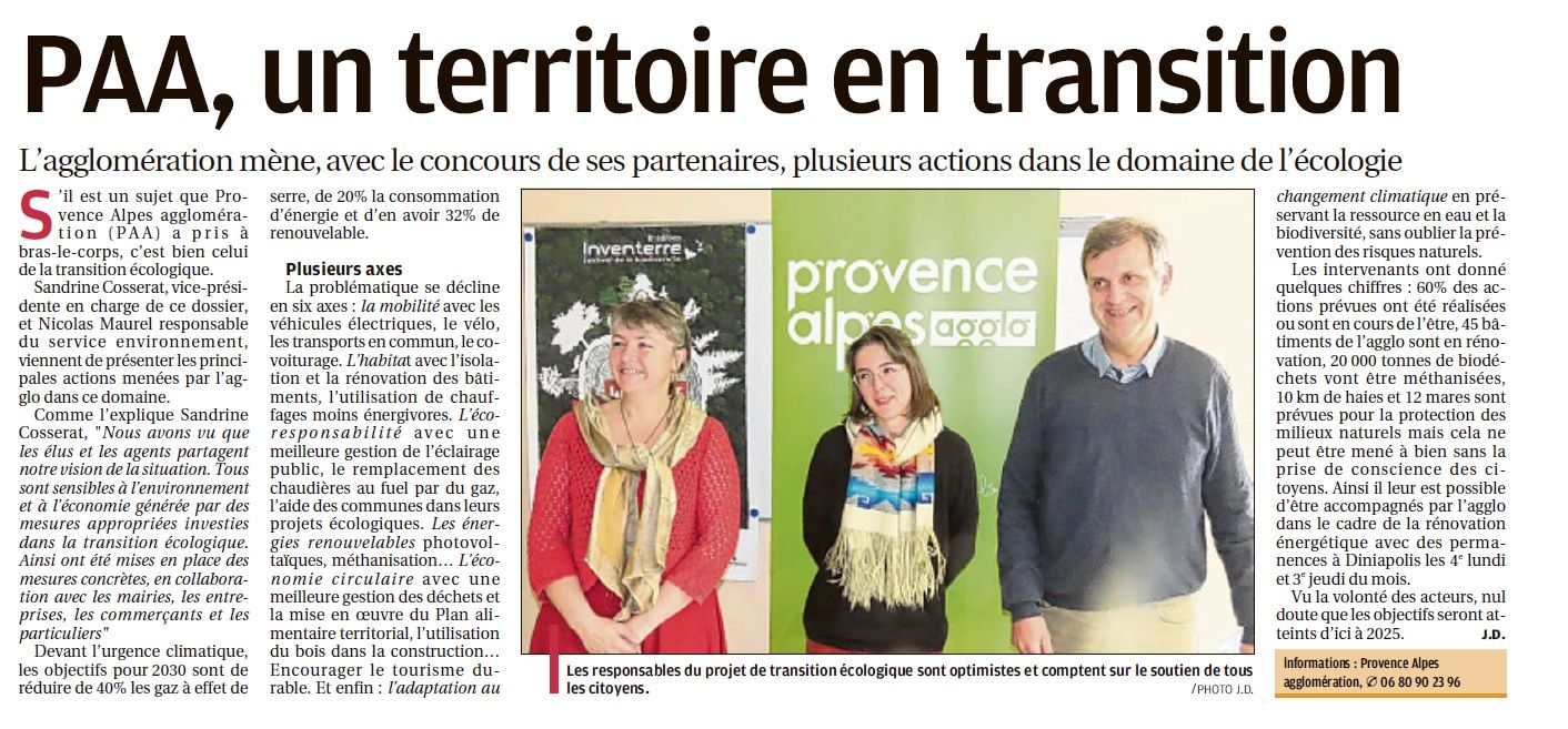 coupure de presse avec pour titre "PAA, un territoire en transition"