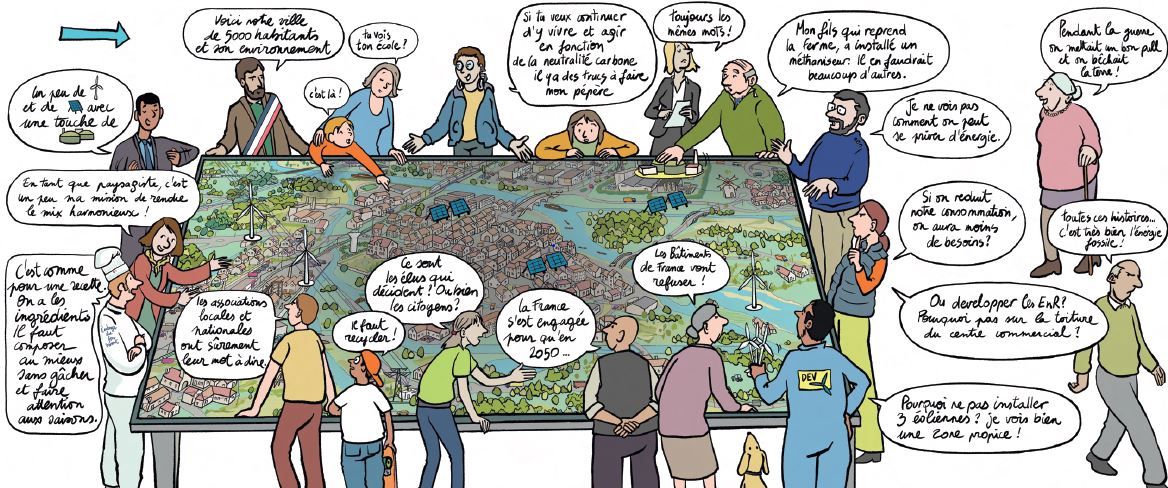 Citoyens et élus discutant et participant autour d'un plan