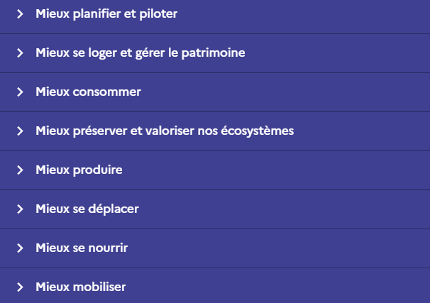 Capture d'écran du référentiel, notamment de ses 8 thématiques de la planification écologique